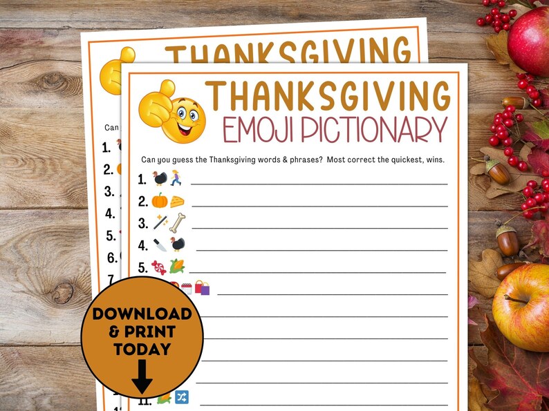 May include: A printable Thanksgiving Emoji Pictionary game with a yellow thumbs up emoji and the text "Thanksgiving Emoji Pictionary". The game includes a list of numbers and blank lines for players to write their answers.