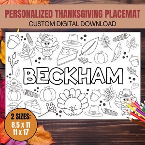 Acción de Gracias personalizada para niños, Placemats de Acción de Gracias para niños, Configuración de lugar personalizado, Placemats de Acción de Gracias imprimibles, Mesa para niños