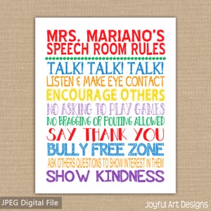 Könnte beinhalten: Ein farbenfroher druckbarer Poster mit dem Text "MRS. MARIANO'S SPEECH ROOM RULES" und einer Liste von Regeln für einen Sprachraum, darunter "TALK! TALK! TALK!" und "SHOW KINDNESS".