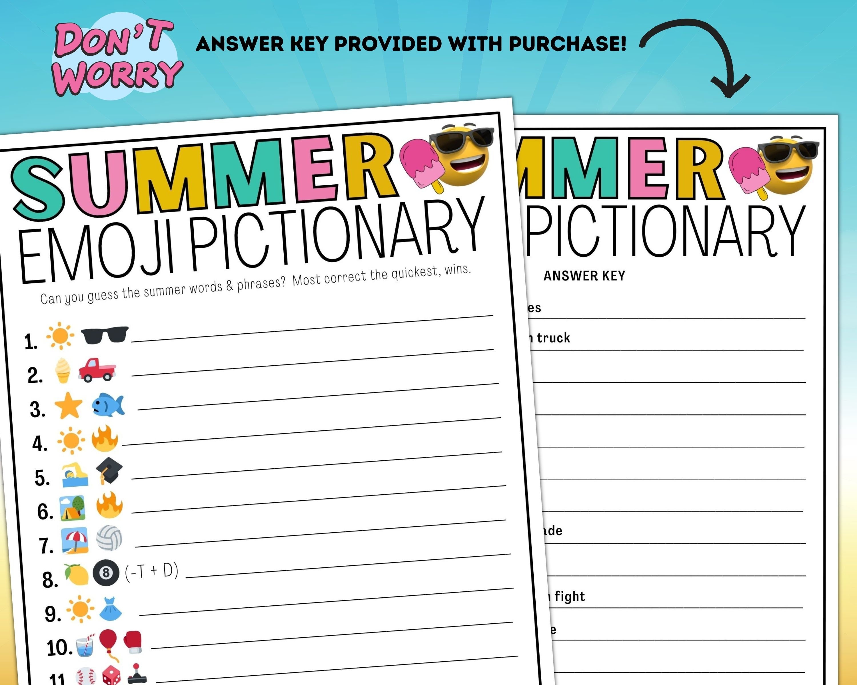 Emoji Pictionary Summer Game / Summer Party Game / Printable Summertime ...