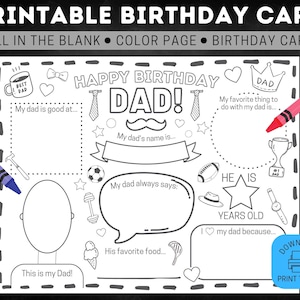 Página para colorear de papá feliz cumpleaños / Todo sobre papá llenar plantilla en blanco / Actividad de cumpleaños de papá / Cumpleaños de papá imprimible para niños