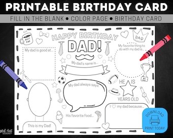 Happy Birthday Dad Coloring Page /  All About Dad Fill In Blank Template / Dad's Birthday Activity / Dad’s Birthday Printable for Kids