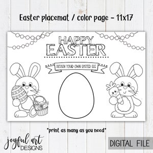 May include: Black and white printable Easter placemat featuring two bunnies, one holding an Easter egg and the other holding a carrot. The placemat also includes a large egg for coloring and the text "Happy Easter" and "Design your own Easter egg".