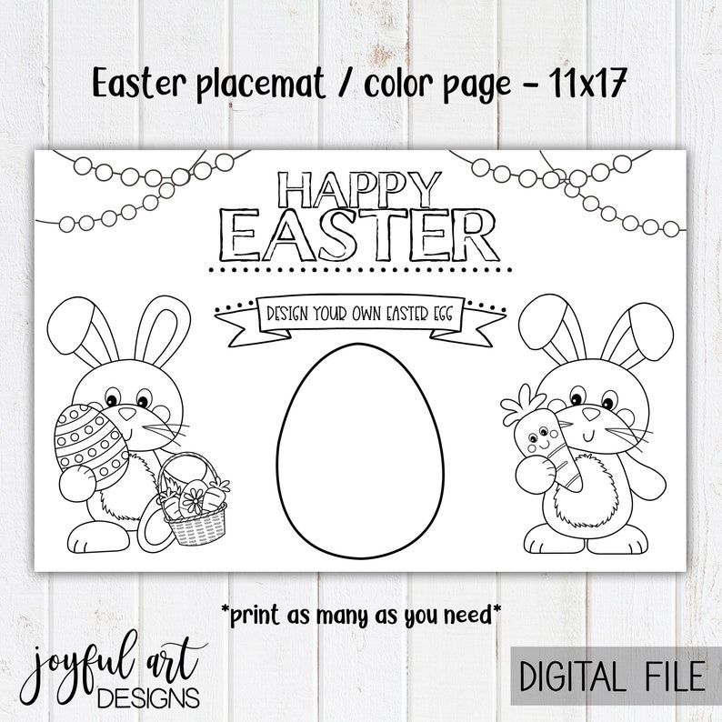 May include: Black and white printable Easter placemat featuring two bunnies, one holding an Easter egg and the other holding a carrot. The placemat also includes a large egg for coloring and the text "Happy Easter" and "Design your own Easter egg".