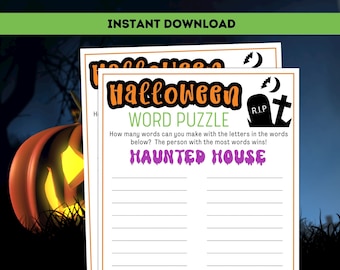 May include: Printable Halloween word puzzle game with a black and white illustration of a tombstone and a crescent moon. The text "Halloween Word Puzzle" is in orange and black. The text "Haunted House" is in purple. The game asks players to make as many words as possible from the letters in the words "Haunted House".