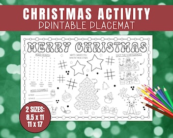 May include: A black and white printable Christmas activity placemat with a word search, maze, connect the dots, and spot the difference game. The placemat features the text "Merry Christmas".