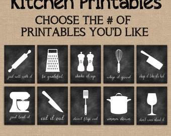 Kitchen Decor PRINTABLE signs. Set of Chalkboard Kitchen Utensil Art Decor. Just Roll with it Whip it Good Be Grateful Just Beat it Wine