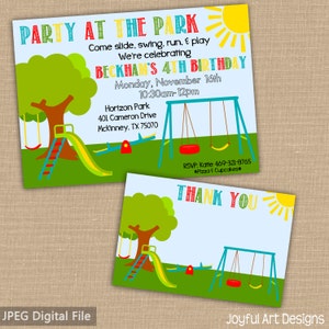 May include: A colorful invitation for a 4th birthday party at the park. The invitation features a green tree, a red and blue swing set, a yellow slide, and a blue seesaw. The text on the invitation reads "Party at the Park" and "Beckham's 4th Birthday".