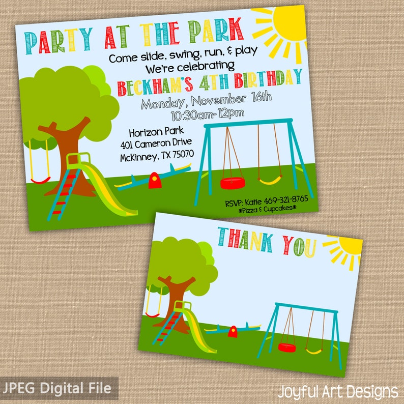 May include: A colorful invitation for a 4th birthday party at the park. The invitation features a green tree, a red and blue swing set, a yellow slide, and a blue seesaw. The text on the invitation reads "Party at the Park" and "Beckham's 4th Birthday".