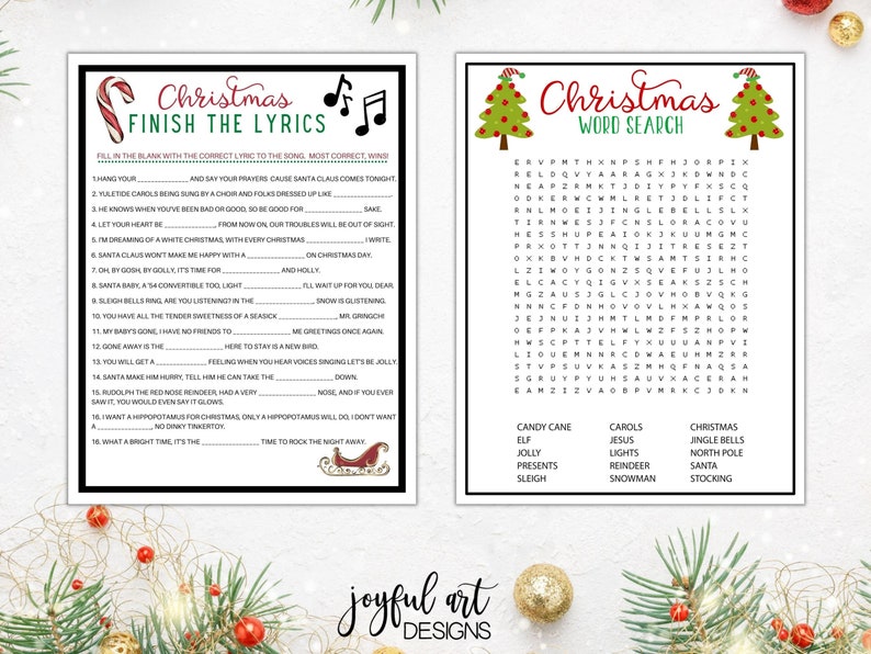 Peut inclure: Deux cartes de jeu de No&euml;l imprimables. La premi&egrave;re carte est un jeu de "Finir les paroles" avec 16 paroles de chansons de No&euml;l &agrave; compl&eacute;ter. La deuxi&egrave;me carte est un jeu de mots crois&eacute;s de No&euml;l avec une liste de 14 mots de No&euml;l &agrave; trouver.
