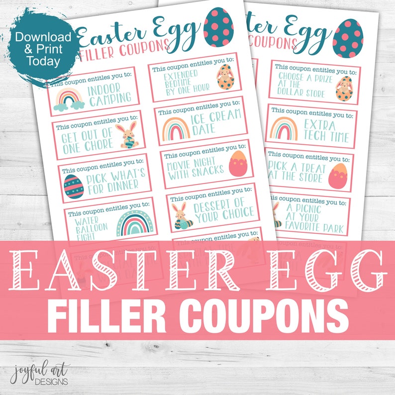 K&ouml;nnte beinhalten: Ein druckbarer Satz von Oster-Eier-F&uuml;llcoupons mit bunten Illustrationen von Regenb&ouml;gen, Hasen und Eiern. Die Coupons beinhalten Aktivit&auml;ten wie Indoor-Camping, das Entkommen von einer Aufgabe, die Auswahl des Abendessens und eine verl&auml;ngerte Schlafenszeit.