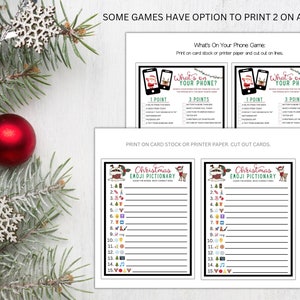 Peut inclure: Jeux de No&euml;l imprimables pour une f&ecirc;te ou une r&eacute;union. Les jeux comprennent "What's on Your Phone?" et "Christmas Emoji Pictionary". Les jeux sont con&ccedil;us pour &ecirc;tre imprim&eacute;s sur du papier cartonn&eacute; ou du papier ordinaire et d&eacute;coup&eacute;s.