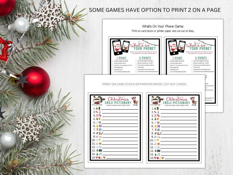 Peut inclure: Jeux de No&euml;l imprimables pour une f&ecirc;te ou une r&eacute;union. Les jeux comprennent "What's on Your Phone?" et "Christmas Emoji Pictionary". Les jeux sont con&ccedil;us pour &ecirc;tre imprim&eacute;s sur du papier cartonn&eacute; ou du papier ordinaire et d&eacute;coup&eacute;s.