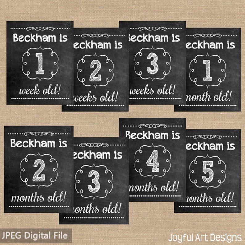 May include: A set of chalkboard-style milestone cards with the text "Beckham is" followed by numbers and time increments like "week old" and "months old." The cards have a decorative border and are in black and white.