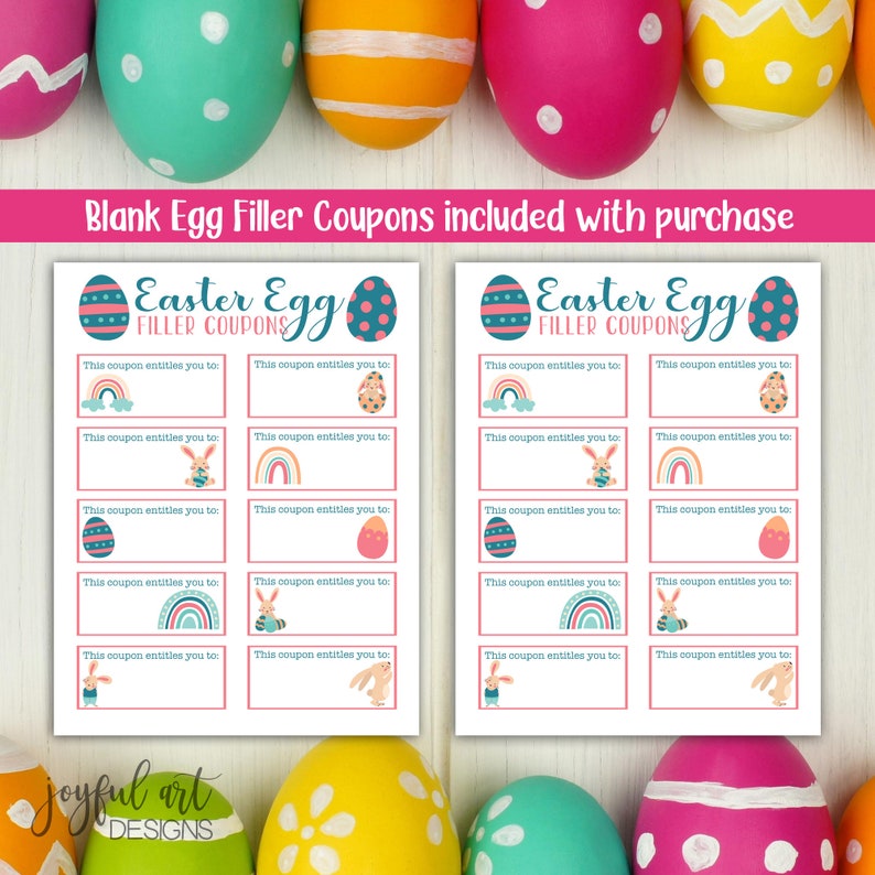 K&ouml;nnte beinhalten: Druckbare Oster-Eierf&uuml;ll-Coupons mit einem blauen und rosa Eierdesign. Die Coupons haben einen leeren Platz, um einzutragen, was der Coupon dem Empf&auml;nger berechtigt. Die Coupons sind von bunten Ostereiern umgeben.