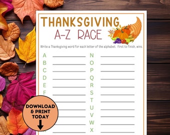Thanksgiving A-Z Race Game / Fun Thanksgiving Games / Kids Table Activities / Thanksgiving Printable Games / Thanksgiving School Party