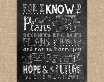 Scripture Art -For I know the Plans I have for you PRINTABLE Chalkboard sign. Jeremiah 29:11 Bible verse. Christian Wall Art. DIGITAL file.
