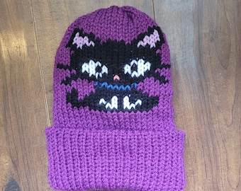 PDF DIGITAL PATTERN Scaredy Cat, Child to Adult size Beanie Pattern for Addi Express 46 Knitting Machine and Sentro 48