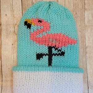 May include: A knitted hat with a pink flamingo design on a turquoise background. The hat has a white brim.