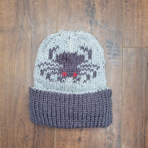 May include: A grey and black knitted beanie with a black spider design and red eyes. The beanie has a fold-over cuff.