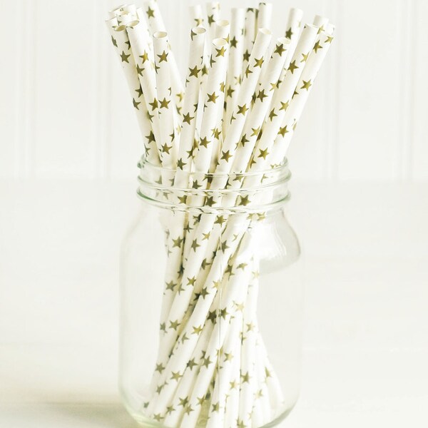 Paper Straws in Metallic Gold & White Stars - Set of 25 - Sparkle Shimmer Pretty Wedding Winter Birthday Party Shower Accessories Decor