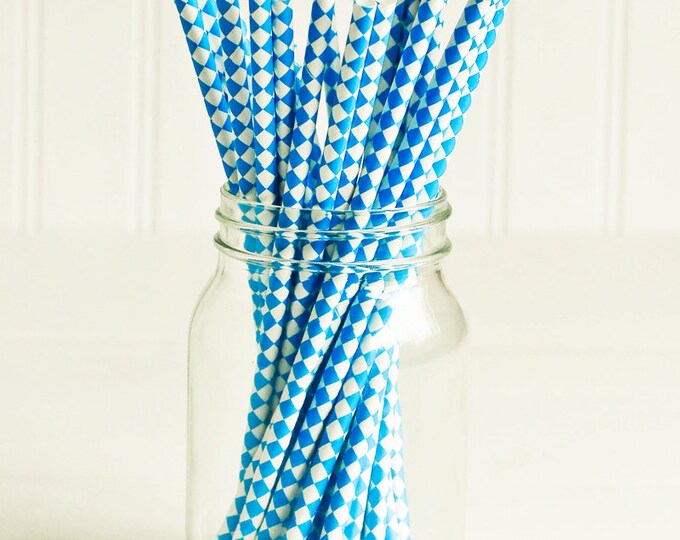 Paper Straws in Bright Blue & White Harlequin Checkers Set Etsy