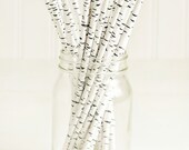 Paper Straws in Birch Tree Design - Set of 15 - White & Black Stripes Cute Fun Unique Pretty Wedding Birthday Party Shower Accessories Decor