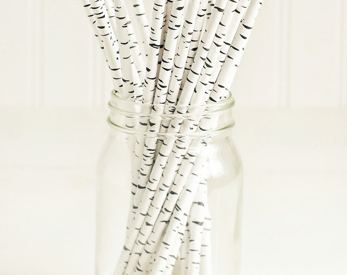 Paper Straws in Birch Tree Design Set of 15 White & Black Etsy