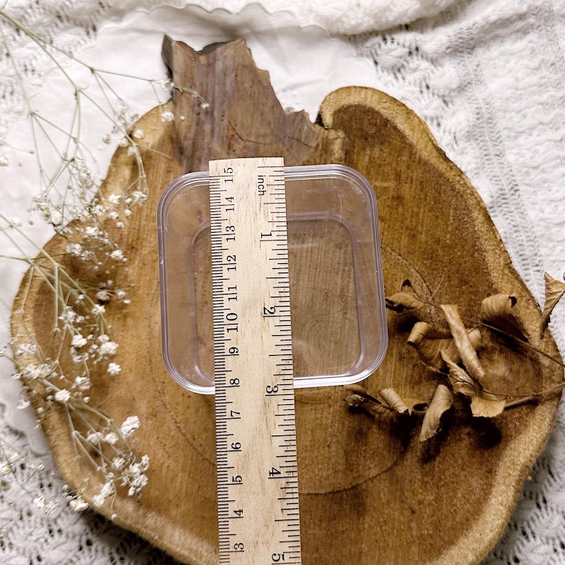 Op de afbeelding: Een doorzichtige, vierkante plastic container wordt gemeten met een houten liniaal. De liniaal geeft aan dat de container ongeveer 10 cm breed is. De container staat op een rustieke, houten schijf, met gedroogde bladeren en witte bloemen.