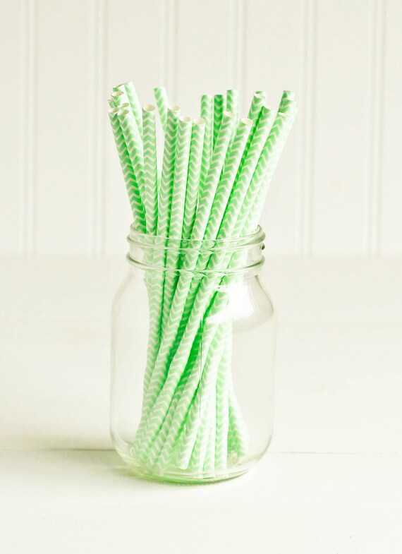 Paper Straws in Mint Green & White Chevron Set of 25 Etsy
