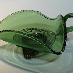 Antique EAPG US Glass Green and Gold Colorado Jewel Handled Triangle Bonbon Dish