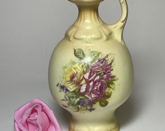 Antique Austrian Ceramic Pitcher with Pink and Yellow Roses and Gold Trim 6.25”