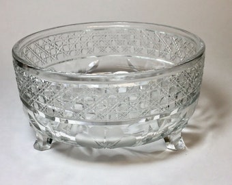 Vintage Glass Bowl Cane and Etched Flowers Three Footed 7.5” Candy Bowl