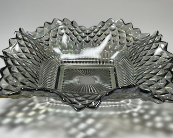 Vintage Indiana Glass Candy Dish Diamond Point Ruffle Edge Square Smoky Gray