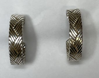 Sterling Silver Braided Hoop Earrings 925 Mexico Herringbone Design 1”