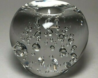 Hand Blown Art Glass Bubble Paperweight Clear Divot Top - Stemless Apple 2"
