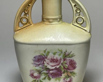 Antique Austrian Bud Vase Porcelain Art Nouveau with Pink Roses 6”