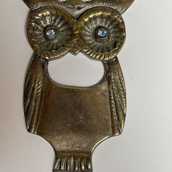 Brass Owl Bottle Opener Mid Century Blue Rhinestone Eyes 3.75”