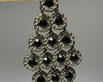 Silvertone Chandelier Earrings Black Stones with Rope Design Settings 3”