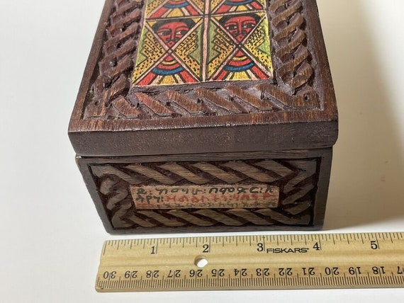 Ethiopian Amharic Wooden Box Hand Painted & Carve… - image 9