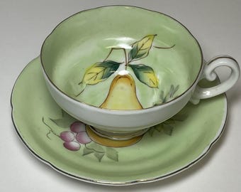 Vintage FERN Tea Cup and Saucer Hand Painted Fruits and Flowers Pattern Japan