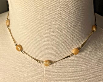 Goldtone and Orange Marbled Bead Necklace Bar Link Costume Jewelry 14”