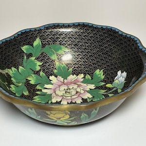 Vintage Brass Cloisonne Bowl Brown & Blue Gold Accents Chrysanthemum Japan 6.75”
