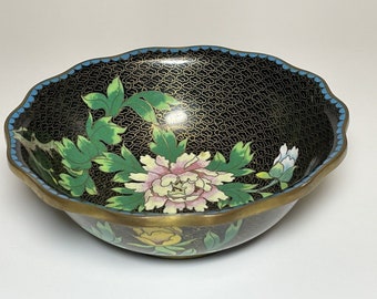 Vintage Brass Cloisonne Bowl Brown & Blue Gold Accents Chrysanthemum Japan 6.75”
