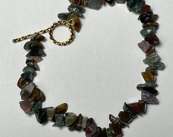 Natural Stone Bracelet Smooth Rocks Green Burgundy Brown 7.5”