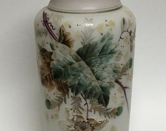 White & Pink Bristol Glass Vase Large Hand Painted Leaves and Flowers 12"