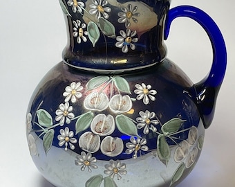 Northwood Cobalt Blue Iridescent Carnival Glass Enameled Cherries Pitcher 10”