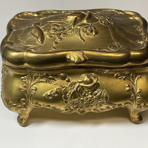 Antique B&W Gold Metal Jewelry Box Art Nouveau Dresser Box 1898-1920