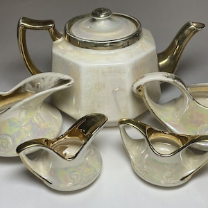 Burslem Pearlescent Tea Set Lusterware 5-Piece England Gilded Teapot 1940’s