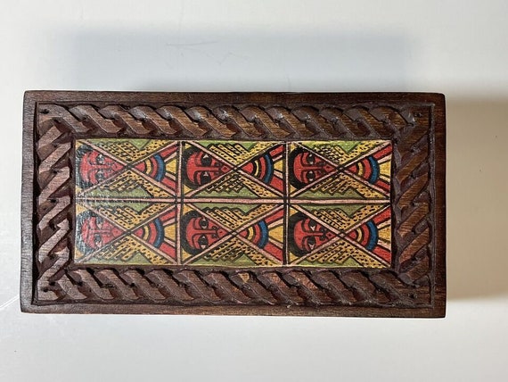 Ethiopian Amharic Wooden Box Hand Painted & Carve… - image 4